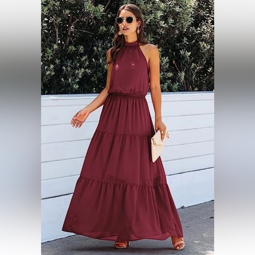 PRETTYGARDEN Women’s Halter Neck Sleeveless Long Maxi Burgundy Dress NWT Size S